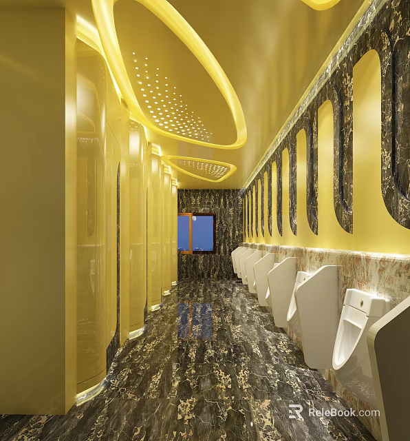 Modern Public Toilet Interior Design With Marble Floor Urinals And Cubicles 3d model 