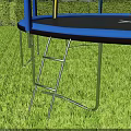 Outdoor Trampoline With Blue Frame Black Mat Ladder Orange Ball Basketball Hoop On Green Lawn