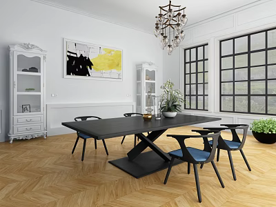 Elegant Dining Room Interior With Black Long Table Blue Chairs Chandelier And Wooden Herringbone Floor 3d model