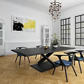 Elegant Dining Room Interior With Black Long Table Blue Chairs Chandelier And Wooden Herringbone Floor