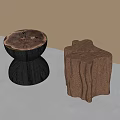 Wooden Stools with Natural Wood Grain Black Base and Carved Leaf Tree Stump Shape