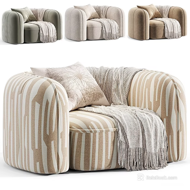 Stylish Single Sofa With Striped Beige White Fabric Decorative Pillow And Soft Blanket 3d model 