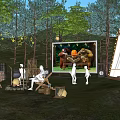 Scenic Campsite Featuring Tent Trees Campfire String Lights And People Enjoying Outdoor Evening