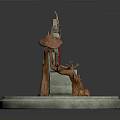 Red Cushioned Chair With Tree Root Decorations And Mushroom Accents On Circular Stone Platform Base
