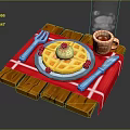 Delicious Waffle With Whipped Cream Strawberries And Hot Coffee On Wooden Tray With Checkered Cloth