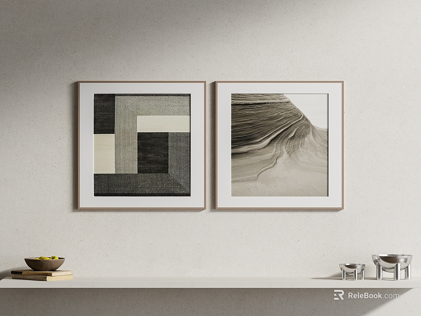 Two Framed Artworks Geometric Sand Dune Texture With White Shelf Fruit Bowl And Glass Containers 3d model 