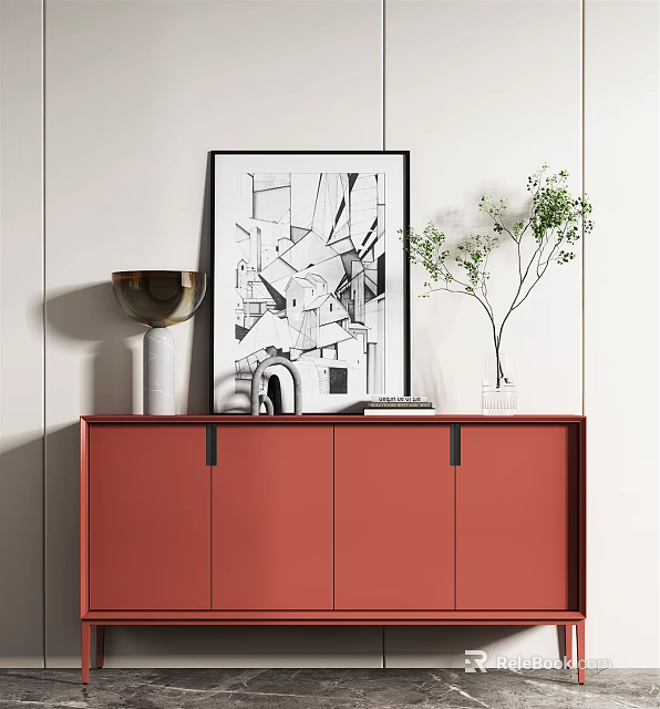 Red Entryway Side Cabinet with Abstract Painting Metal Bowl and Green Plant in Modern Interior 3d model 