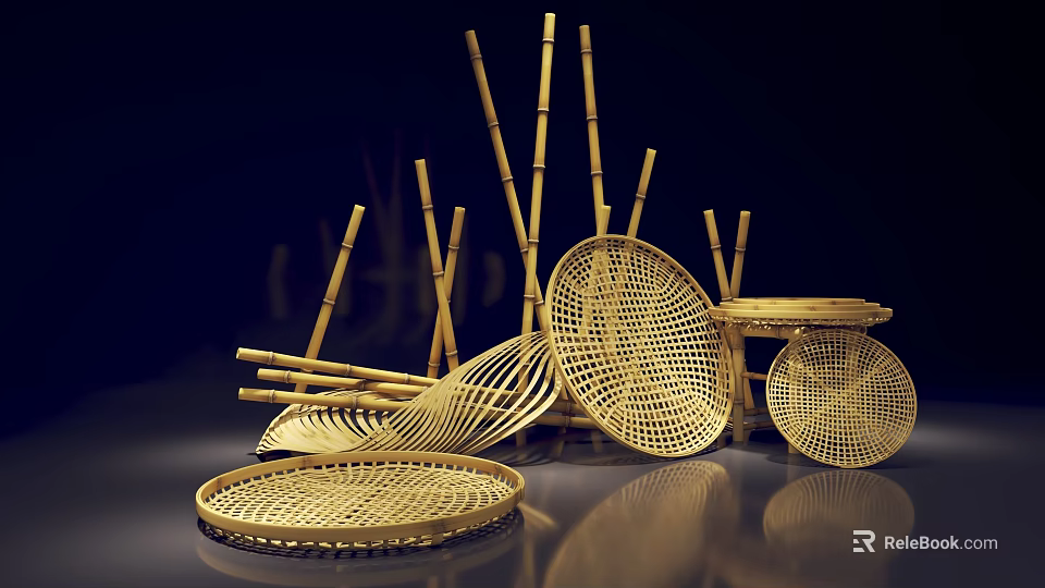 Elegant Handcrafted Bamboo Woven Garden Ornaments with Baskets Trays and Sticks 3d model 