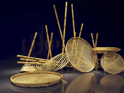 Elegant Handcrafted Bamboo Woven Garden Ornaments with Baskets Trays and Sticks 3d model