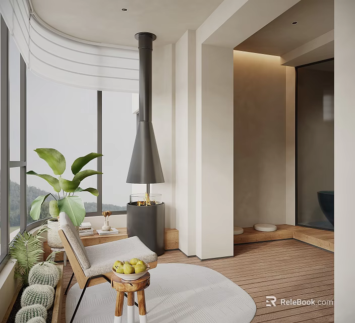 Home Balcony with Green Plants Mountain View Black Heater Wooden Floor Chair and Fruit Table 3d model 