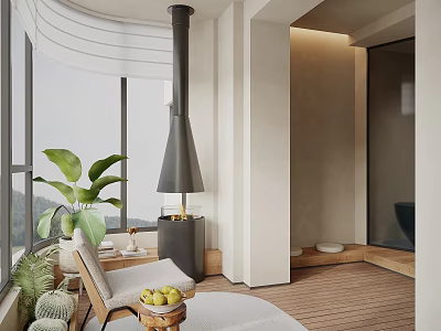 Home Balcony with Green Plants Mountain View Black Heater Wooden Floor Chair and Fruit Table 3d model
