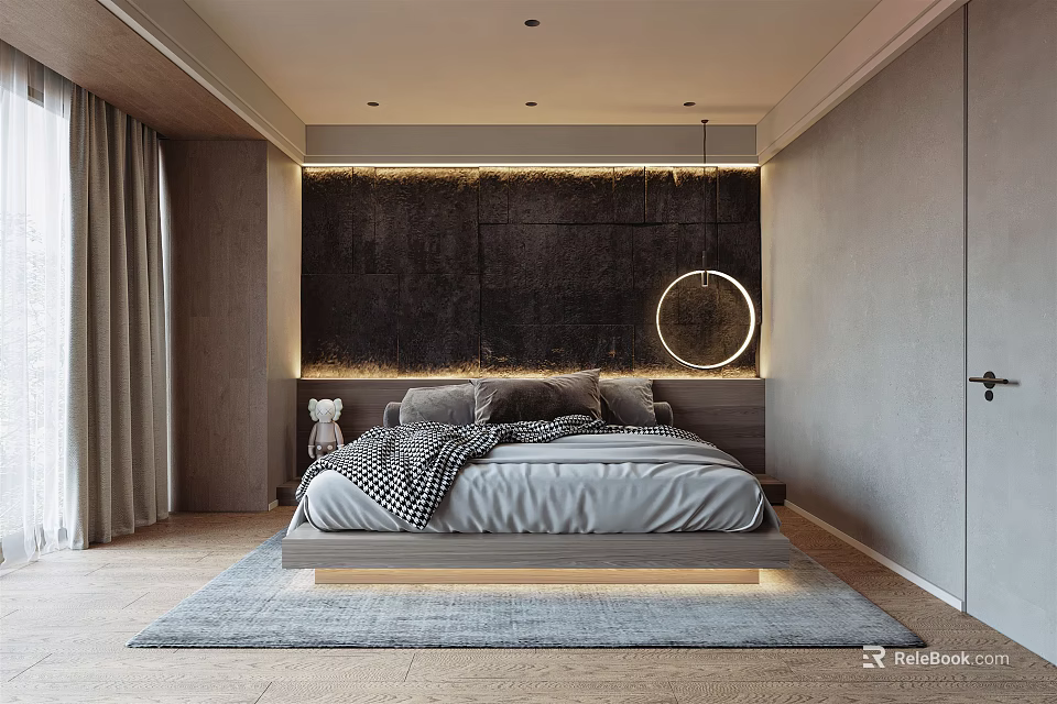 Modern Bedroom Interior Featuring Suspended Bed Dark Headboard LED Lighting And Area Rug 3d model 