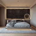 Modern Bedroom Interior Featuring Suspended Bed Dark Headboard LED Lighting And Area Rug