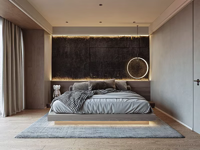 Modern Bedroom Interior Featuring Suspended Bed Dark Headboard LED Lighting And Area Rug 3d model
