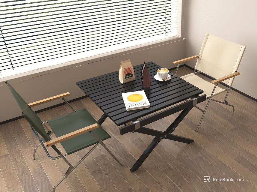 Stylish Green And Beige Leisure Chairs With Wooden Arms By Window Table Coffee And Book 3d model 
