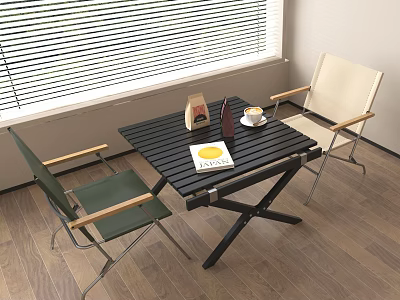 Stylish Green And Beige Leisure Chairs With Wooden Arms By Window Table Coffee And Book 3d model