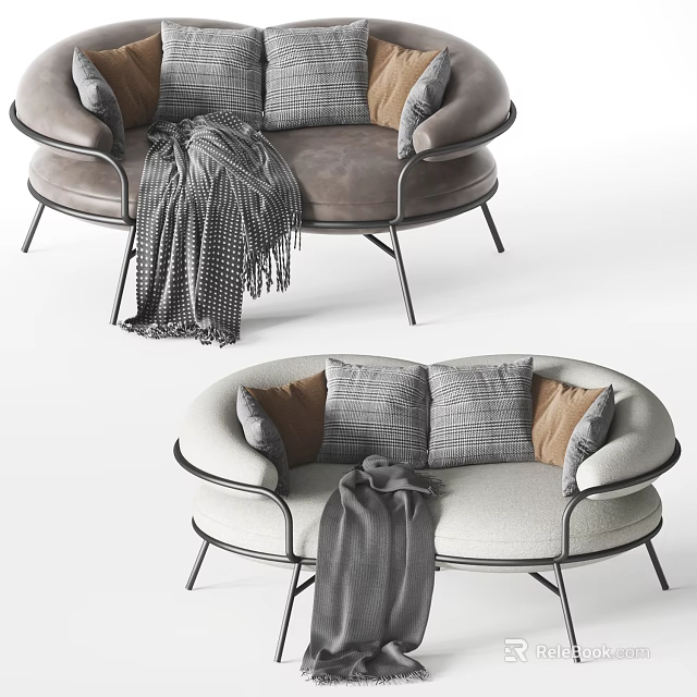 Modern Double Sofa with Neutral Pillows Plaid Blanket and Metal Frame 3d model
