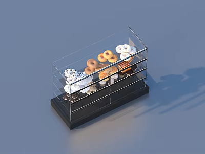 Various Delicious Desserts Including Donuts And Waffles In Transparent Display Case 3d model