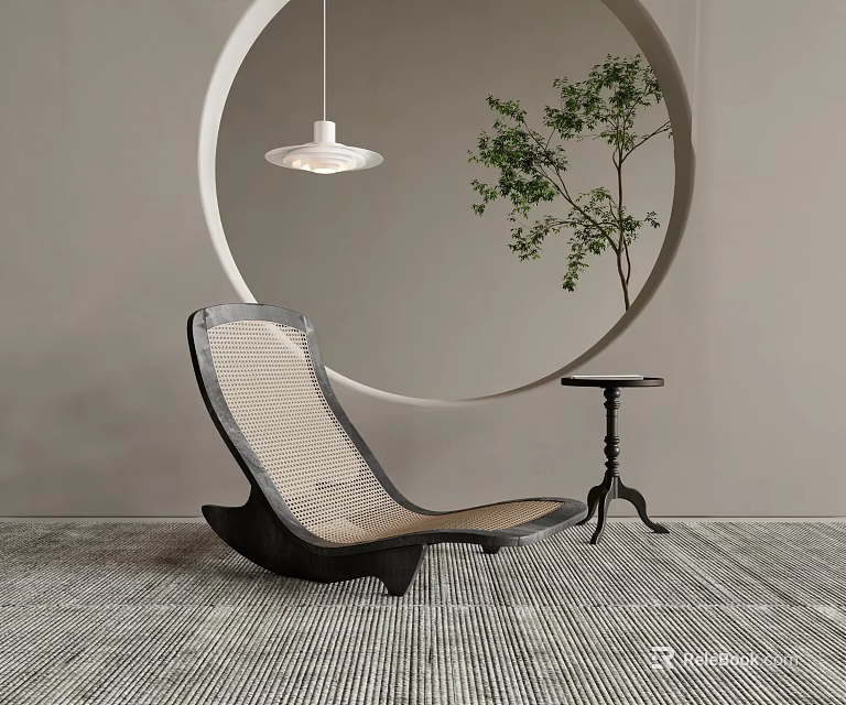 Modern Lounge Chair With Circular Wall Decoration Pendant Light Green Plant And Textured Rug 3d model 