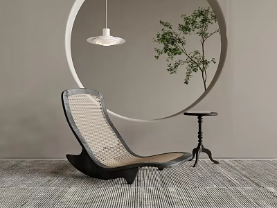 Modern Lounge Chair With Circular Wall Decoration Pendant Light Green Plant And Textured Rug 3d model