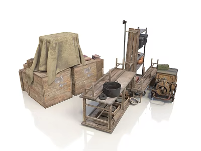 Vintage Household Supplies Including Wooden Crates Covered With Cloth And Mechanical Tools 3d model