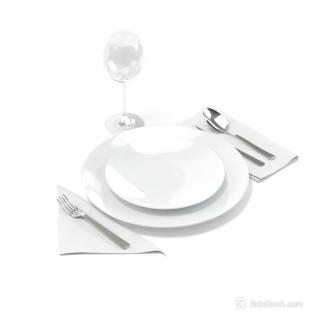 Simple Dining Table Setting With Stacked White Plates Wine Glass Fork Spoon And Folded Napkins 3d model 