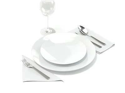 Simple Dining Table Setting With Stacked White Plates Wine Glass Fork Spoon And Folded Napkins 3d model