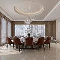 Elegant Modern Banquet Hall With Round Dining Table Brown Chairs And Chandelier