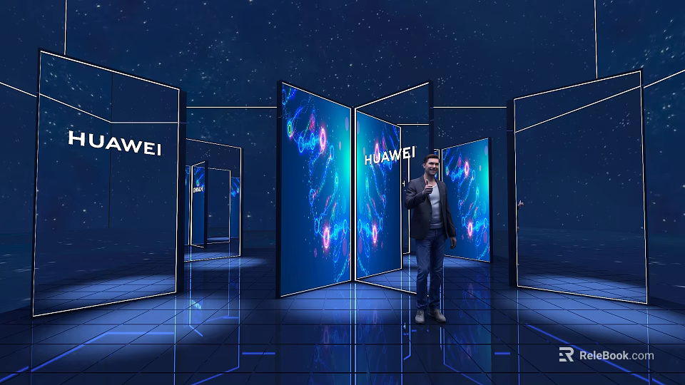 HUAWEI Tech Exhibition With Multiple Screens Starry Background And Presenter 3d model 