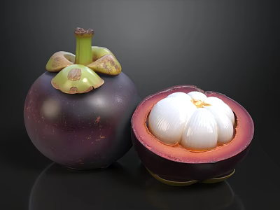 Fresh Purple Mangosteen Fruit With Halved Section And White Flesh On Black Background 3d model