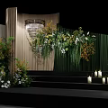 Floral Installation With Green Backdrop White Flowers Wooden Panels And Stage Candle Decor
