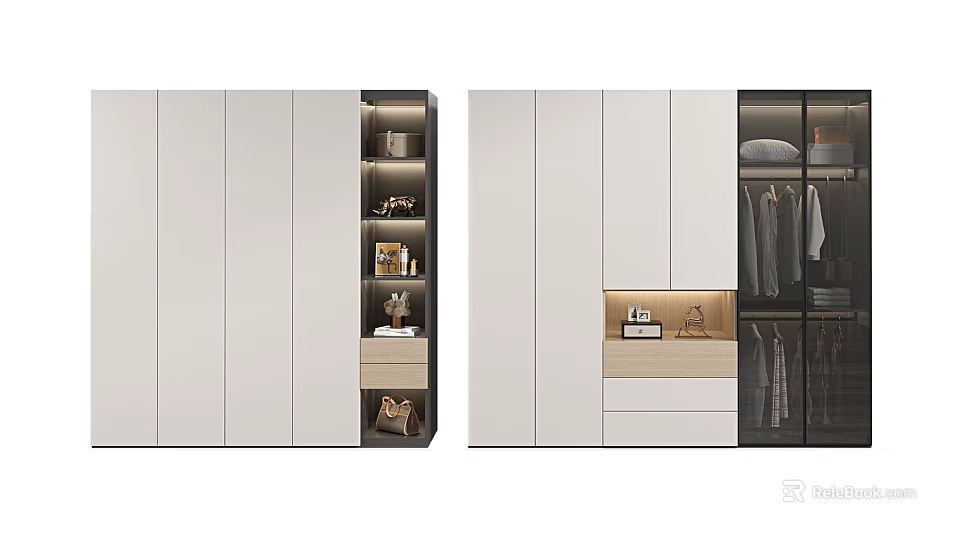 Modern Wardrobe Interior Design With White Cabinets Glass Doors Open Shelves And Storage Drawers 3d model 