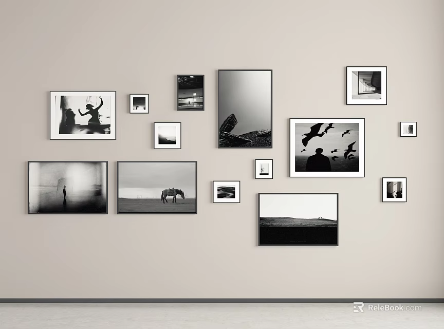 Black and White Photo Collage on Wall with Various Sizes Frames and Artwork 3d model