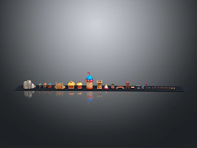 Scenic Miniature House Models Arranged on Black Platform With Gray Background 3d model
