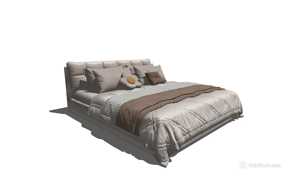 Comfortable Double Bed with Multiple Pillows Gray Brown Quilt and Striped Bedding in Modern Design 3d model 