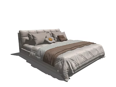 Comfortable Double Bed with Multiple Pillows Gray Brown Quilt and Striped Bedding in Modern Design 3d model