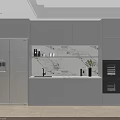 Modern Kitchen Interior With Gray Cabinets Marble Backsplash Stainless Steel Refrigerator And Oven