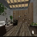 Warm Hotel Public Lounge With Wooden Floors Bookshelves Green Plants Round Decor And Stone Walls