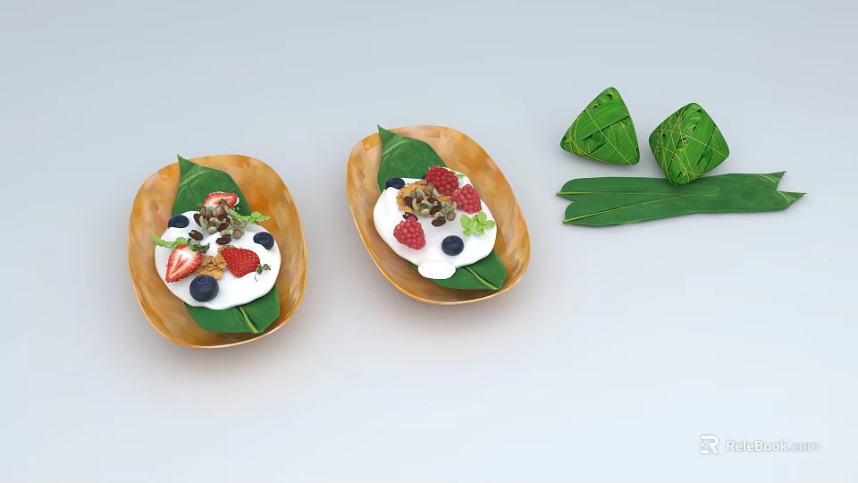 Fresh Fruit Dessert Bowls with Coconut Cream on Leaf Plates and Green Zongzi 3d model 