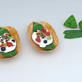 Fresh Fruit Dessert Bowls with Coconut Cream on Leaf Plates and Green Zongzi