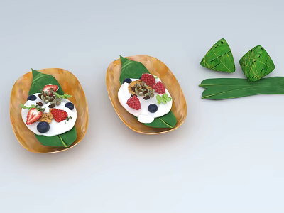 Fresh Fruit Dessert Bowls with Coconut Cream on Leaf Plates and Green Zongzi 3d model