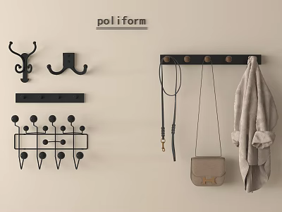 Modern Black Metal Wall Hooks With Wooden Knobs Hanging Coat Bag And Scarf 3d model