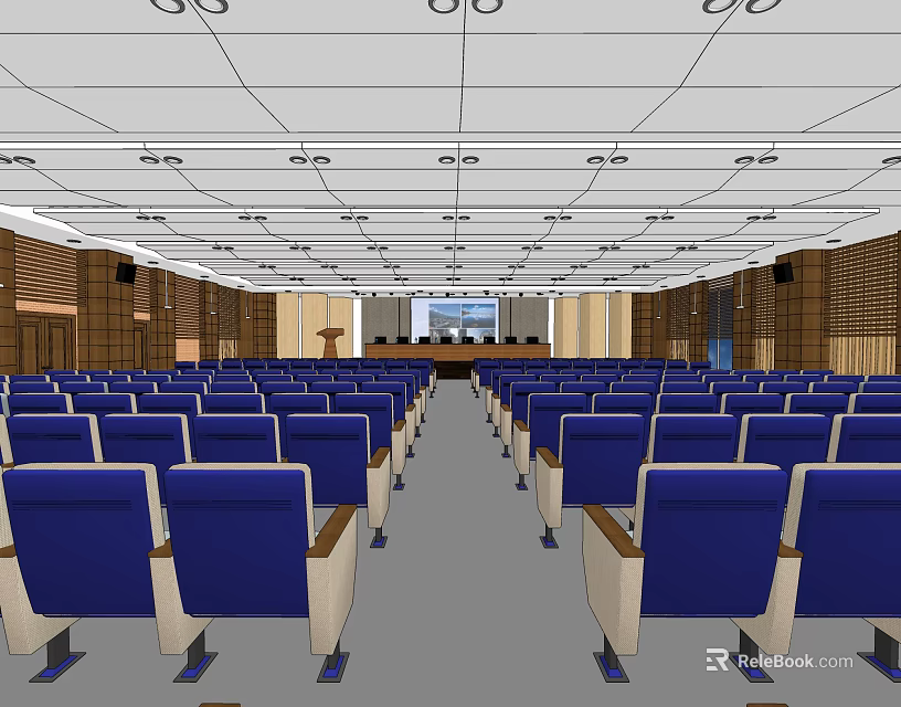 Spacious Conference Room Interior With Blue Seats Podium And Large Screen 3d model 