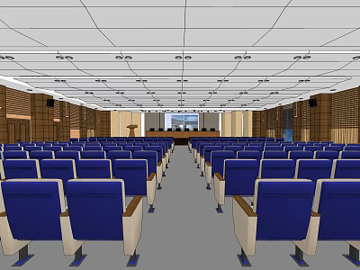 Spacious Conference Room Interior With Blue Seats Podium And Large Screen 3d model
