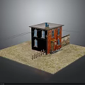 Red Two Story House With Blue Windows White Roof And Wooden Fence On Gravel Ground