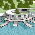Modern Detached Villa on Water with Curved Glass Structure Surrounded by Trees and Mountain View