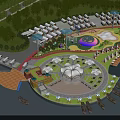 Scenic Garden Landscape Design With Circular Plaza Pavilions Water Area Boats And Greenery