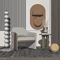 Modern Single Sofa with White Floor Lamp Decorative Wall Art Side Table and Woven Ball
