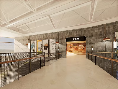 Modern Shopping Mall Lobby Interior With Ceiling Design Tiled Floor And Store Entrance 3d model