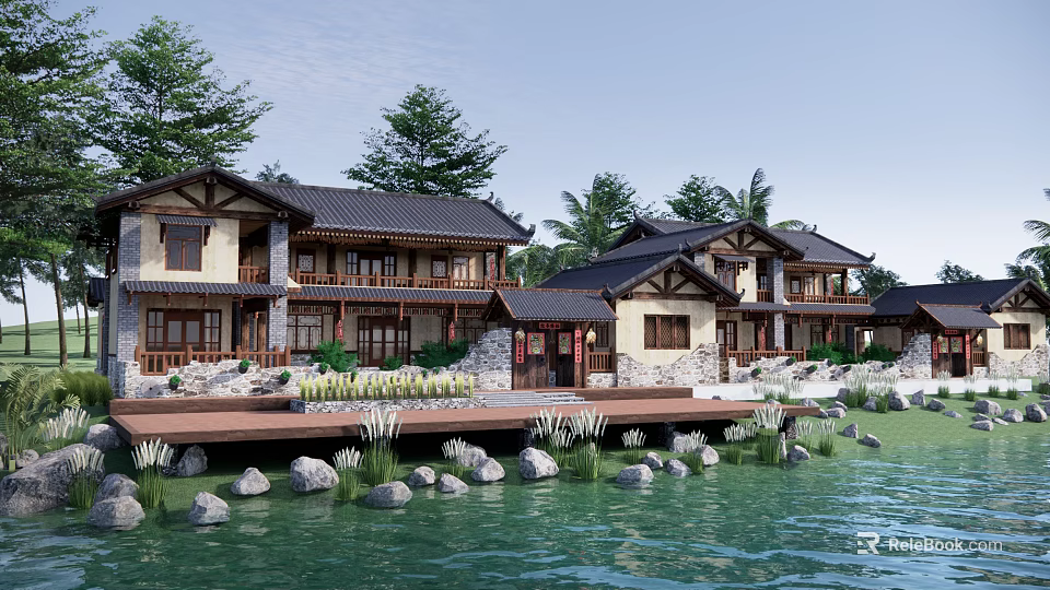 Chinese Style Rural Self Built House With Traditional Roof Wooden Structure and Waterfront Surroundings 3d model 